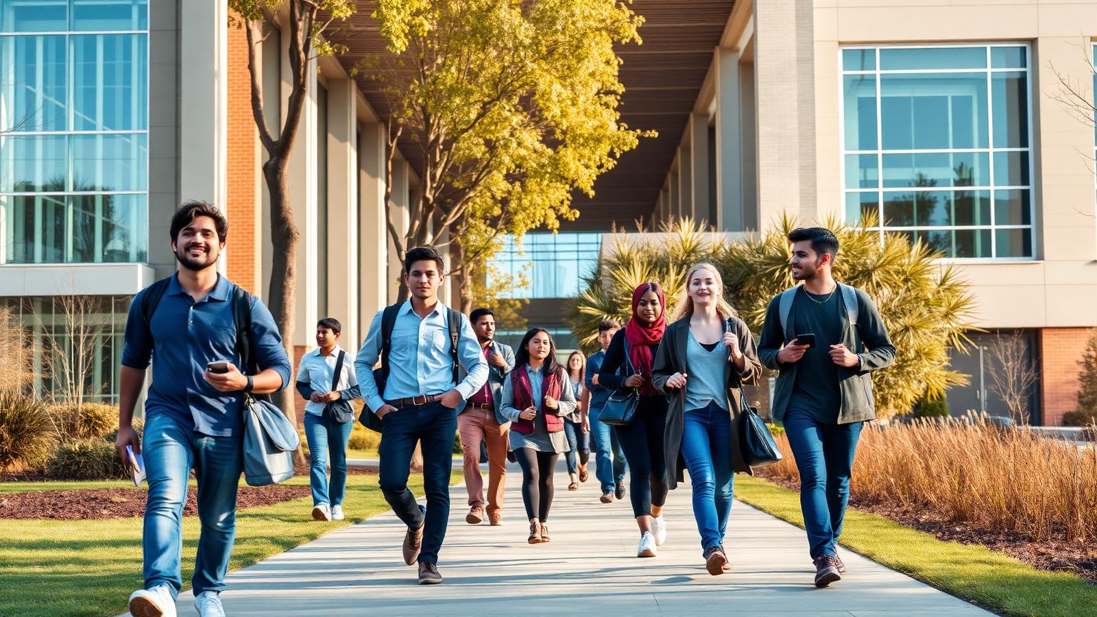 International students walking across a modern university campus