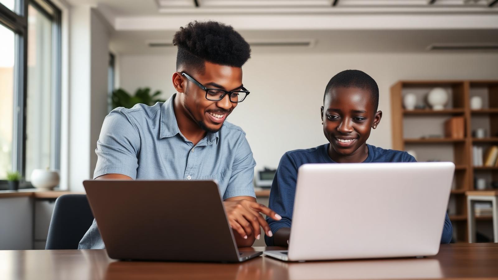 A mentor guiding a South Sudanese student through their university application on a laptop