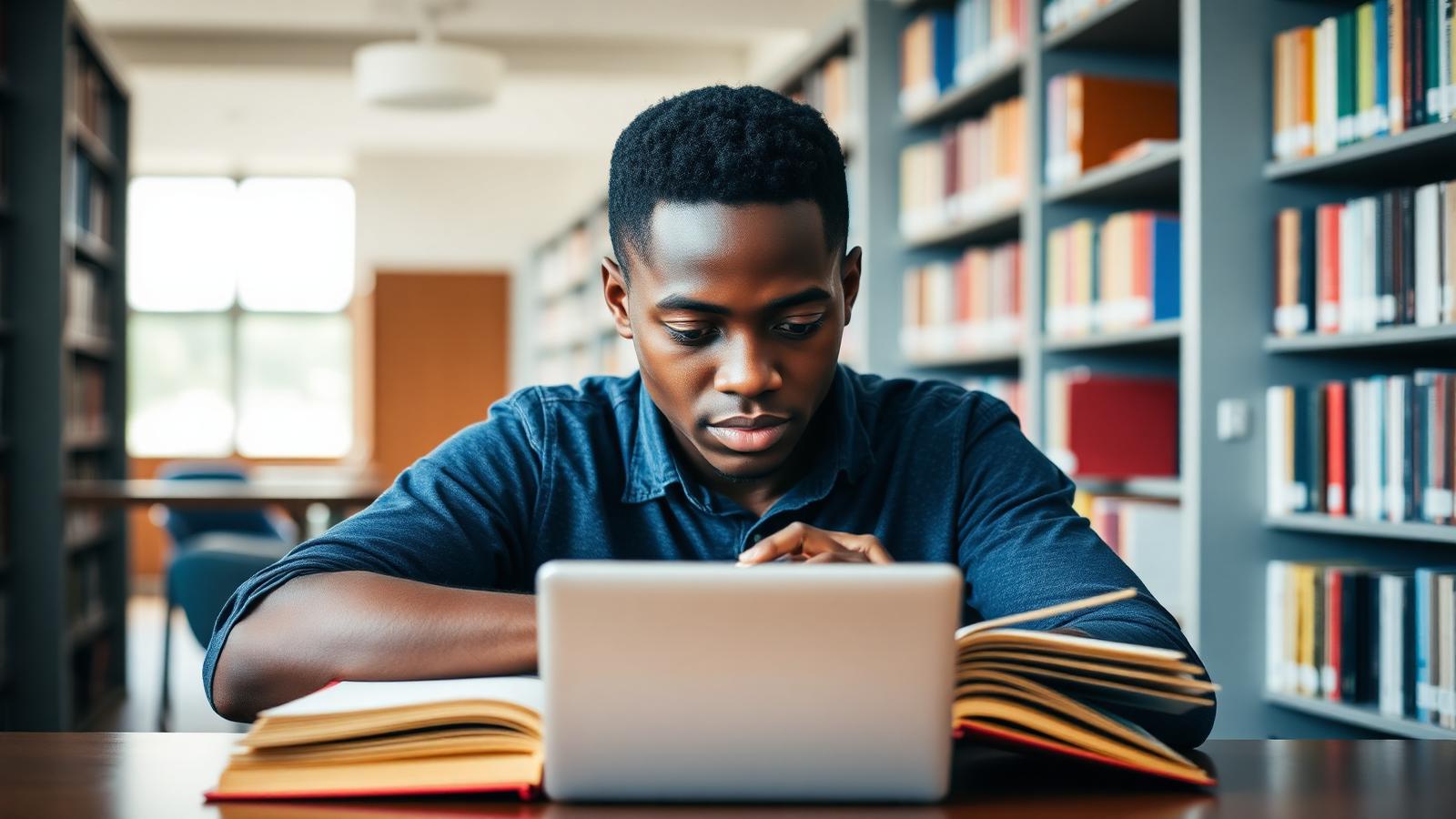 Student researching scholarships on a laptop in a university library