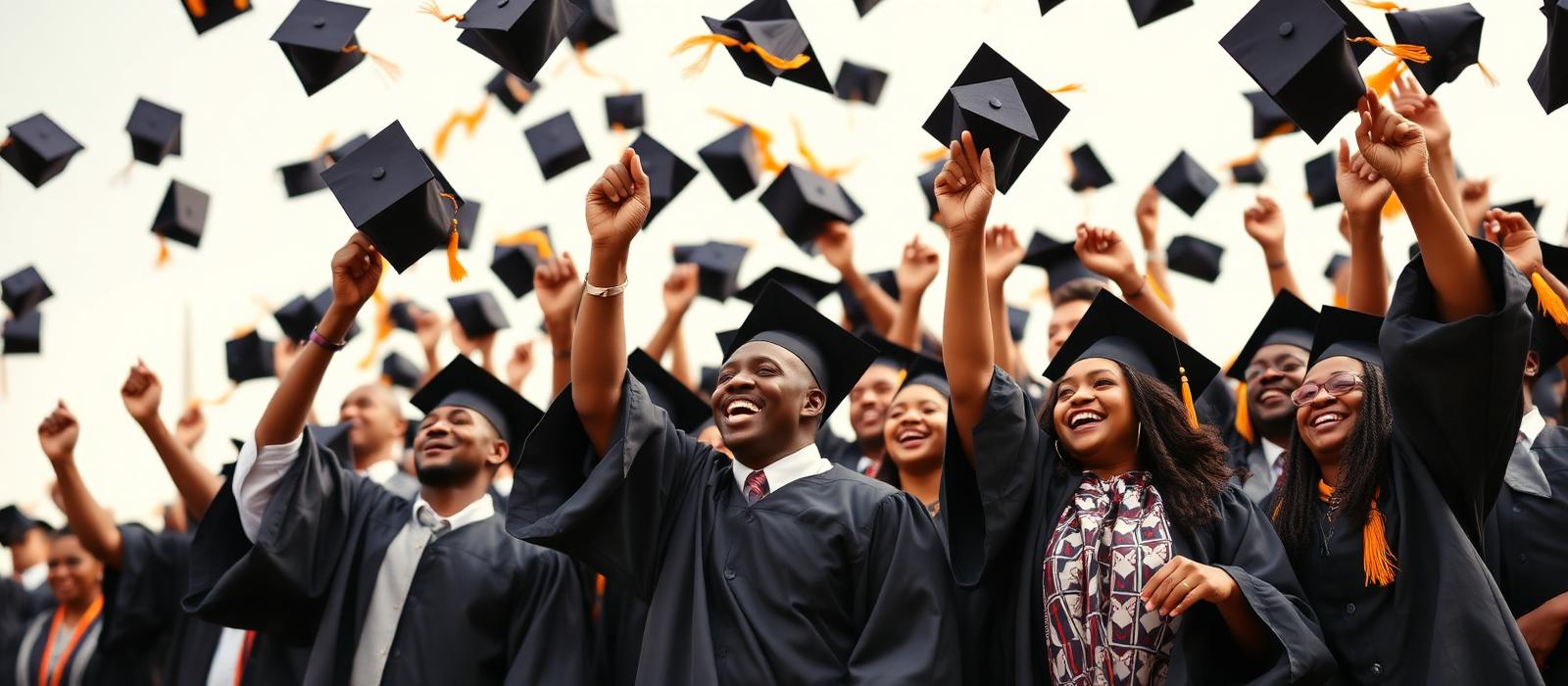 African university graduates throwing caps in the air in celebration